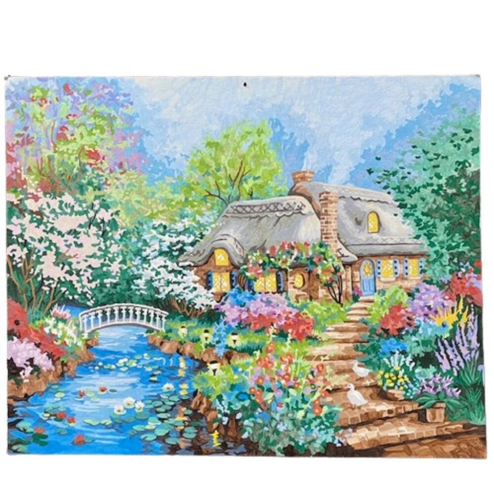 Completed Paint By Number Magical Cottage Floral Lily Pond Gallery Wall